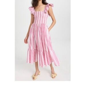 MILLE Olympia Dress Pink Jaipur Stripe Block Print Smocked Ruffle Dress